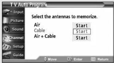 T V Auto Program Select the antennas to memorize. Air Start Cable Start Air + Cable Start