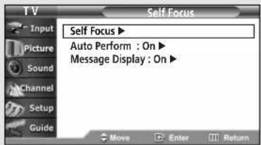 TV Input Picture Sound Channel Setup Guide Self Focus Auto Perform : On ▶ Message Display : On ▶ Move Enter Return