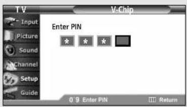 TV Input Picture Sound Channel Setup Guide V-Chip Enter PIN * * * 0 9 Enter PIN Return