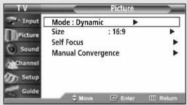 T V Picture Input Mode : Dynamic Size : 16:9 Self Focus Manual Convergence Picture Sound Channel Setup Guide Move Enter Return