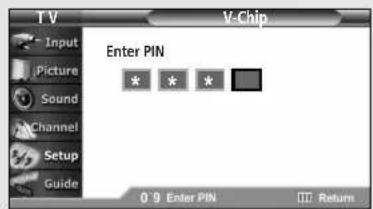 TV Input Picture Sound Channel Setup Guide V-Chip Enter PIN * * * * 0 9 Enter PIN Return