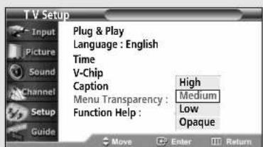T V Setup Input Picture Sound Channel Setup Guide Plug & Play Language : English Time V-Chip Caption High Menu Transparency : Medium Function Help : Low Opaque Move Enter Return