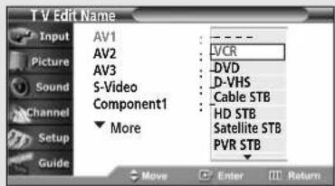 T V Edit Name Input Picture Sound Channel Setup Guide AV1 AV2 AV3 S-Video Component1 More LVC R DVD D-VHS Cable STB HD STB Satellite STB PVR STB Move Enter Return
