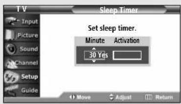 TV Sleep Timer Input Picture Sound Channel Setup Guide Set sleep timer. Minute Activation 30 Yes Move Adjust Return
