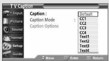 T V Caption Input Picture Sound Channel Setup Guide Caption : Default Caption Mode : CC1 Caption Options CC2 CC3 CC4 Text1 Text2 Text3 Text4 Move Enter Return