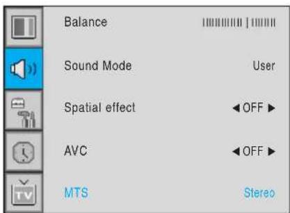 Balance Sound Mode User Spatial effect OFF AVC OFF MTS Stereo