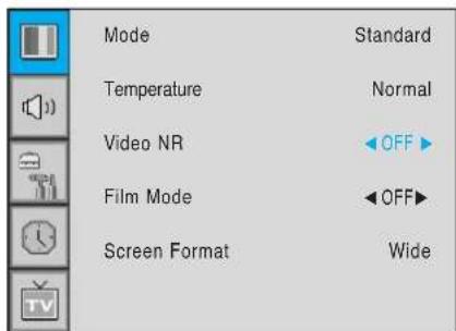 Mode Temperature Video NR Film Mode Screen Format Standard Normal OFF OFF Wide