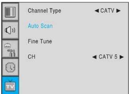 Channel Type Auto Scan Fine Tune CH CATV 5