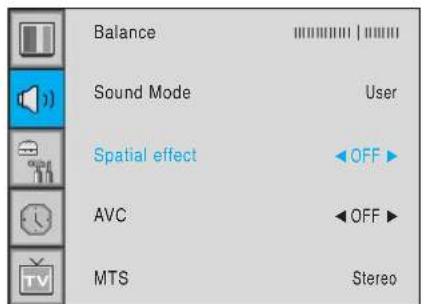Balance Sound Mode User Spatial effect OFF AVC OFF MTS Stereo