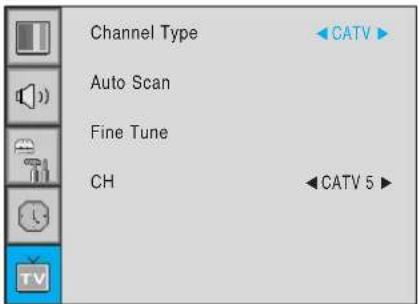 Channel Type Auto Scan Fine Tune CH CATV 5