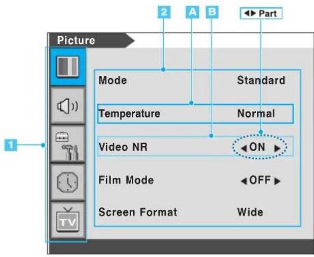 Picture Mode Standard Temperature Normal Video NR ON Film Mode OFF Screen Format Wide