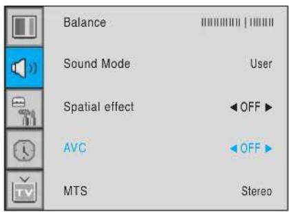 Balance Sound Mode User Spatial effect OFF AVC OFF MTS Stereo