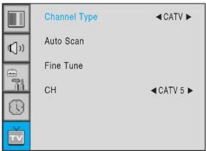 Channel Type Auto Scan Fine Tune CH CATV CATV 5