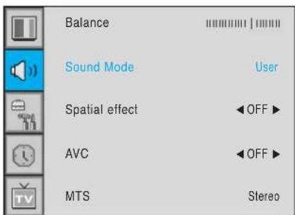Balance Sound Mode User Spatial effect OFF AVC OFF MTS Stereo
