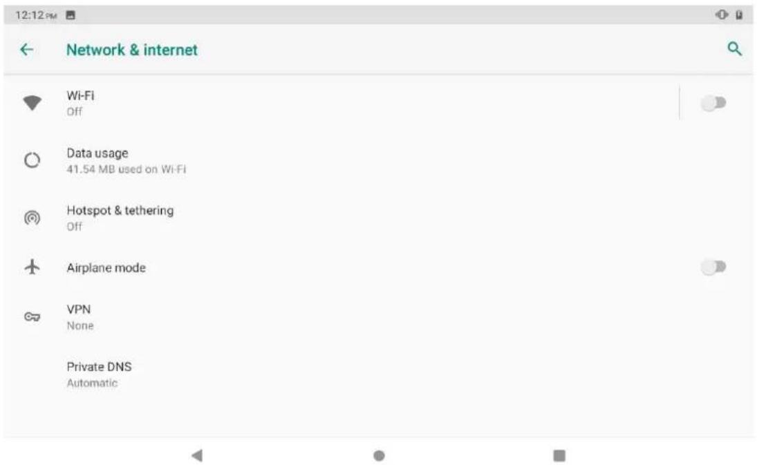 12:12 PM Network & internet Wi-Fi Off Data usage 41.54 MB used on Wi-Fi Hotspot & tethering Off Airplane mode VPN None Private DNS Automatic
