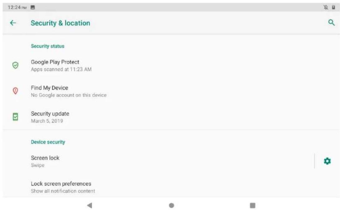 12:24 PM Security & location Security status ✓ Google Play Protect Apps scanned at 11:23 AM ✓ Find My Device No Google account on this device ✓ Security update March 5, 2019 Device security Screen lock Swipe Lock screen preferences Show all notification content