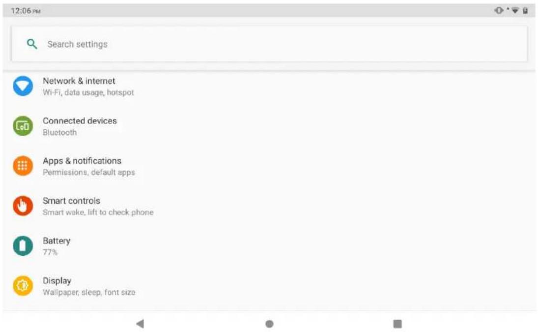 12:06 PM Search settings Network & internet Wi-Fi, data usage, hotspot Connected devices Bluetooth Apps & notifications Permissions, default apps Smart controls Smart wake, lift to check phone Battery 77% Display Wallpaper, sleep, font size