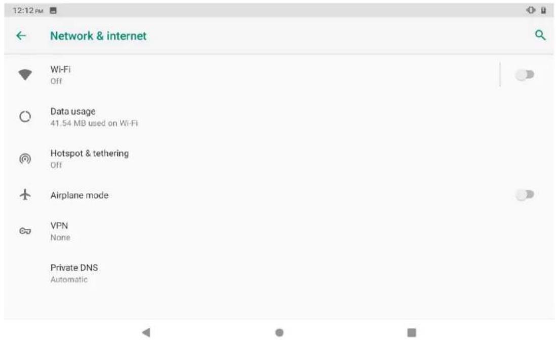12:12 PM Network & internet Wi-Fi Off Data usage 41.54 MB used on Wi-Fi Hotspot & tethering Off Airplane mode VPN None Private DNS Automatic