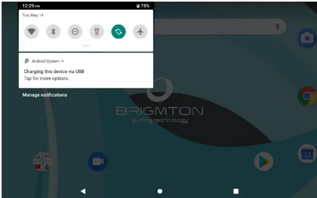 12:29 PM 75% Tue, May 14 Android System ° Charging this device via USB Tap for more options. Manage notifications BRIGMTON surfing technology