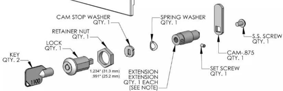 CAM STOP WASHER QTY. 1 RETAINER NUT QTY. 1 LOCK QTY. 1 1.234" (31.3 mm) .991" (25.2 mm) KEY QTY. 2 1100 SPRING WASHER QTY. 1 EXTENSION EXTENSION QTY. 1 EACH (SEE NOTE) S.S. SCREW QTY. 1 CAM-.875 QTY. 1 SET SCREW QTY. 1