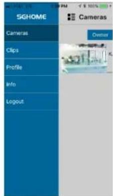 SGHOME Cameras Clips Profile Info Logout Cameras Owner K