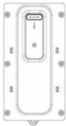 Top-down schematic of a device casing with mounting holes and a central internal component (no text or symbols)