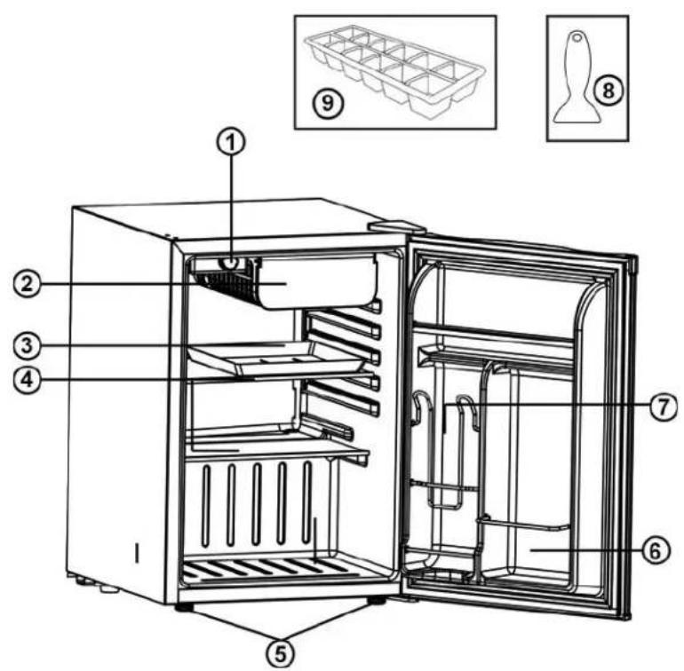 Technical diagram of an open refrigerator with numbered parts and corresponding exploded view details