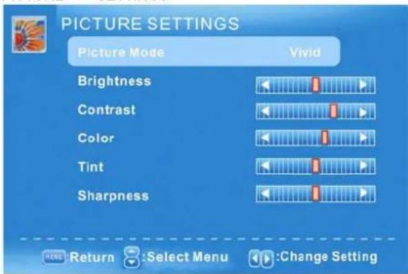 PICTURE SETTINGS Picture Mode Vivid Brightness Contrast Color Tint Sharpness Return Select Menu Change Setting