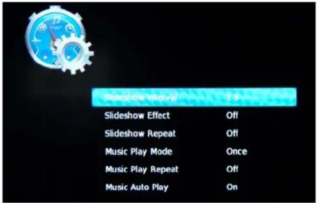 Slideshow Interval 15 Slideshow Effect Off Slideshow Repeat Off Music Play Mode Once Music Play Repeat Off Music Auto Play On