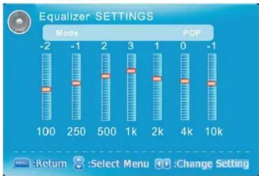 Equalizer SETTINGS Mode POP -2 -1 2 3 1 0 -1 100 250 500 1k 2k 4k 10k Return Select Menu Change Setting