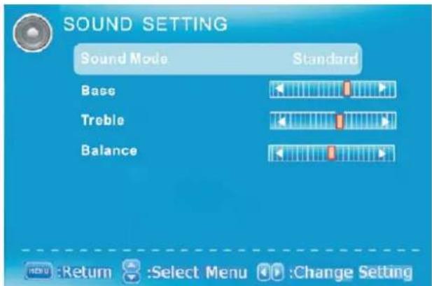 SOUND SETTING Sound Mode Standard Base Treble Balance MENU :Return :Select Menu :Change Setting