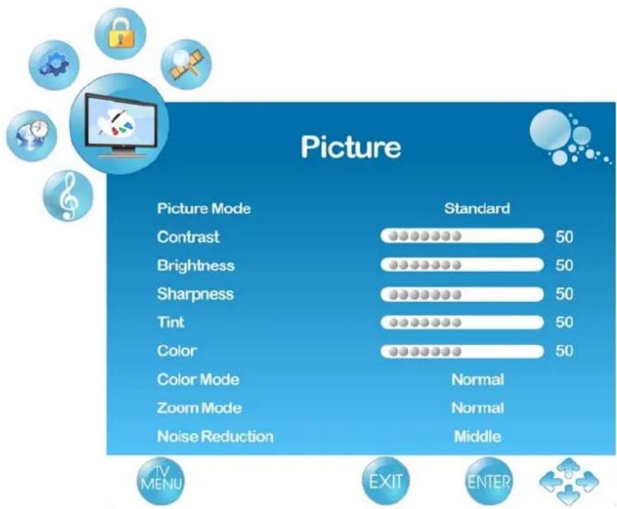 Picture Picture Mode Standard Contrast 50 Brightness 50 Sharpness 50 Tint 50 Color 50 Color Mode Normal Zoom Mode Normal Noise Reduction Middle TV MENU EXIT ENTER
