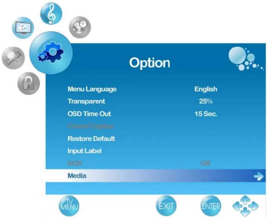 Option Menu Language English Transparent 25% OSD Time Out 15 Sec. Control Captive Restore Default Input Label OCR Off Media TV MENU EXIT ENTER