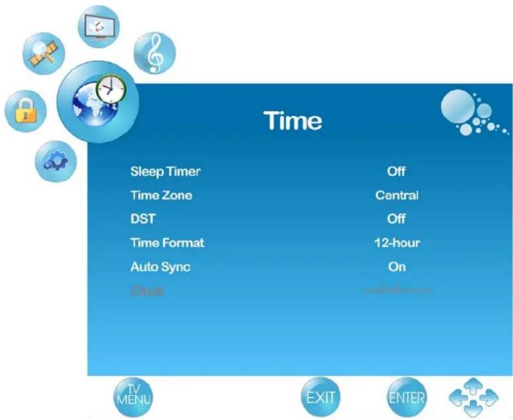 Time Sleep Timer Off Time Zone Central DST Off Time Format 12-hour Auto Sync On Clock TV MENU EXIT ENTER