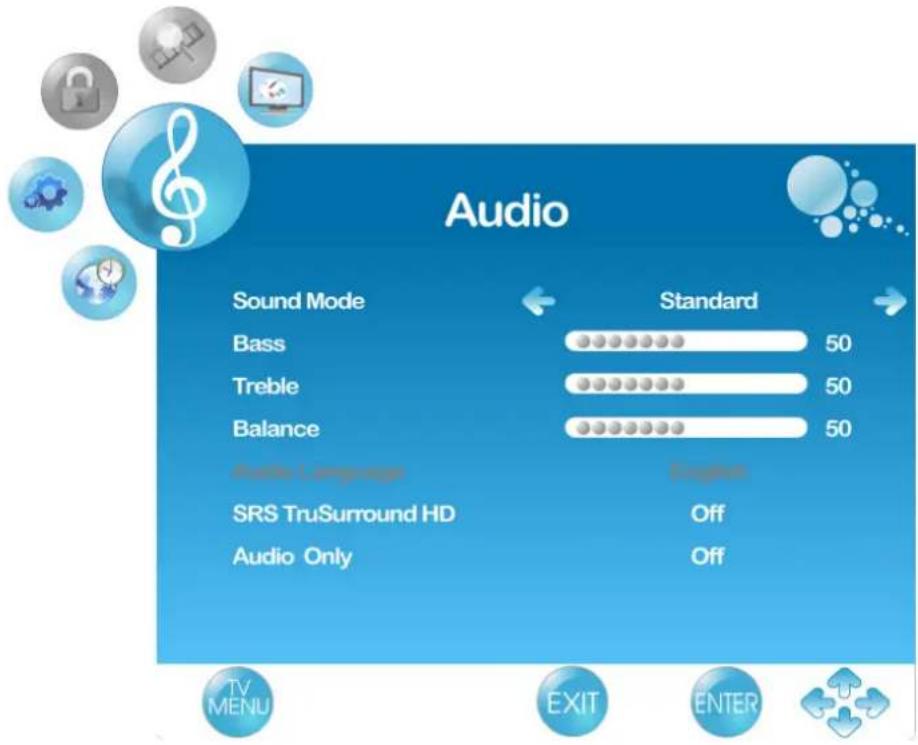 Audio Sound Mode Standard Bass 50 Treble 50 Balance 50 Audio Language SRS TruSurround HD Off Audio Only Off TV MENU EXIT ENTER