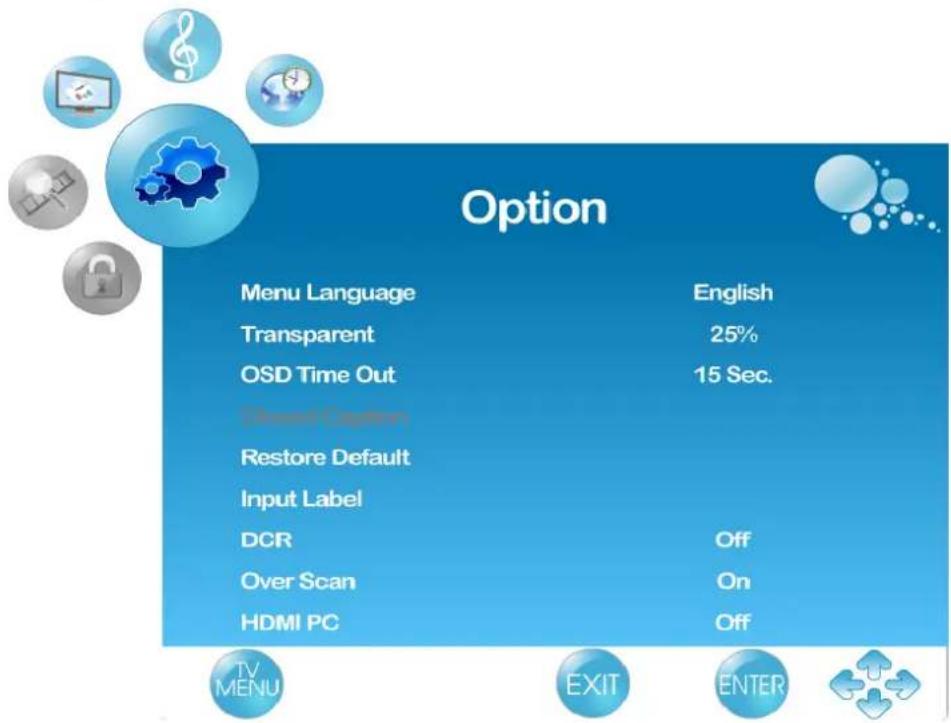 Option Menu Language English Transparent 25% OSD Time Out 15 Sec. Stream Caption: Restore Default Input Label DCR Off Over Scan On HDMI PC Off TV MENU EXIT ENTER