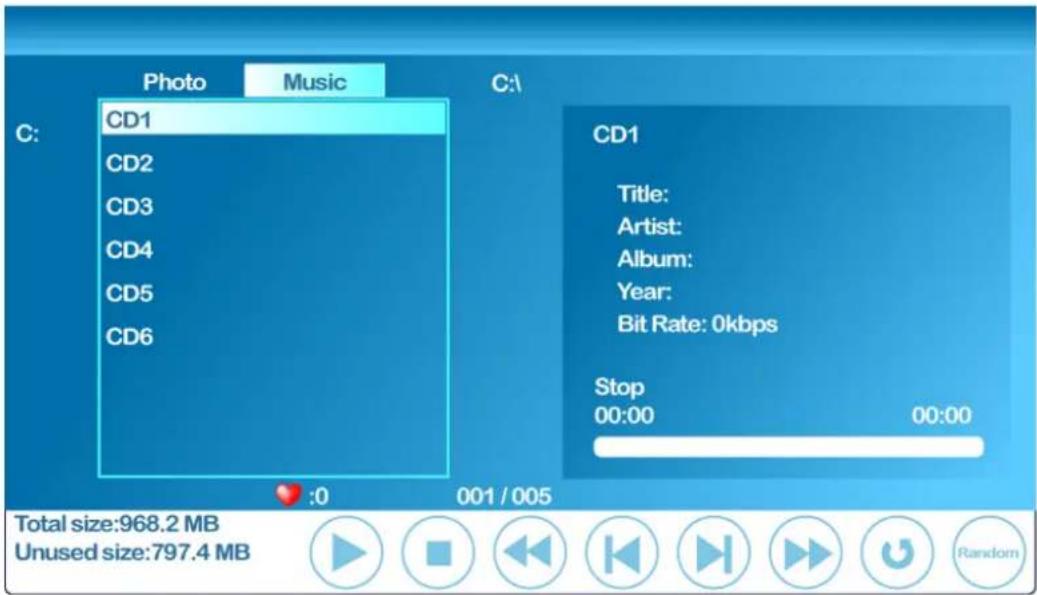 Photo Music C: CD1 CD2 CD3 CD4 CD5 CD6 C:\ CD1 Title: Artist: Album: Year: Bit Rate: 0kbps Stop 00:00 00:00 Total size:968.2 MB Unused size:797.4 MB