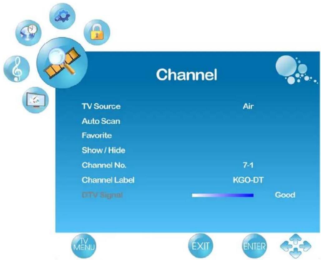 Channel TV Source Air Auto Scan Favorite Show / Hide Channel No. 7-1 Channel Label KGO-DT DTV Signal Good TV MENU EXIT ENTER
