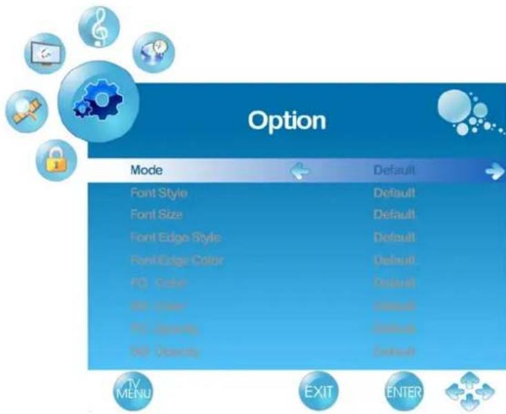 Option Mode Default Font Style Default Font Size Default Font Edge Style Default Font Edge Color Default FG Color Default BD User Default PS Security Default WD Security Default TV MENU EXIT ENTER