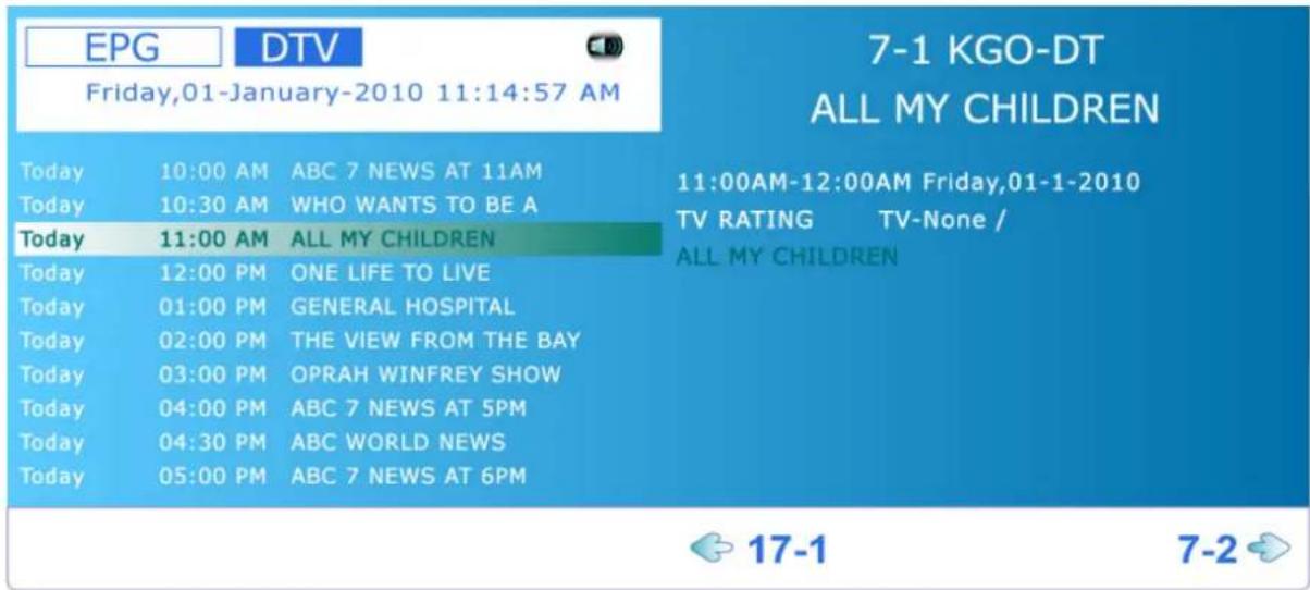 EPG DTV Friday,01-January-2010 11:14:57 AM Today 10:00 AM ABC 7 NEWS AT 11AM Today 10:30 AM WHO WANTS TO BE A Today 11:00 AM ALL MY CHILDREN Today 12:00 PM ONE LIFE TO LIVE Today 01:00 PM GENERAL HOSPITAL Today 02:00 PM THE VIEW FROM THE BAY Today 03:00 PM OPRAH WINFREY SHOW Today 04:00 PM ABC 7 NEWS AT 5PM Today 04:30 PM ABC WORLD NEWS Today 05:00 PM ABC 7 NEWS AT 6PM 7-1 KGO-DT ALL MY CHILDREN 11:00AM-12:00AM Friday,01-1-2010 TV RATING TV-None / ALL MY CHILDREN 17-1 7-2