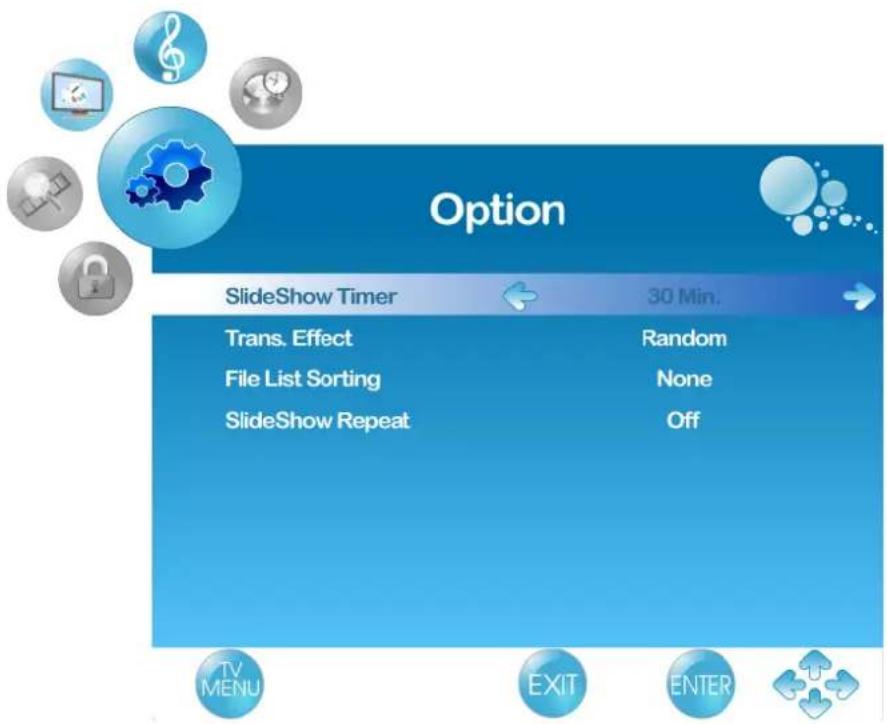 Option SlideShow Timer 30 Min. Trans. Effect Random File List Sorting None SlideShow Repeat Off TV MENU EXIT ENTER