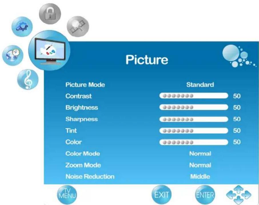 Picture Picture Mode Standard Contrast 50 Brightness 50 Sharpness 50 Tint 50 Color 50 Color Mode Normal Zoom Mode Normal Noise Reduction Middle TV MENU EXIT ENTER
