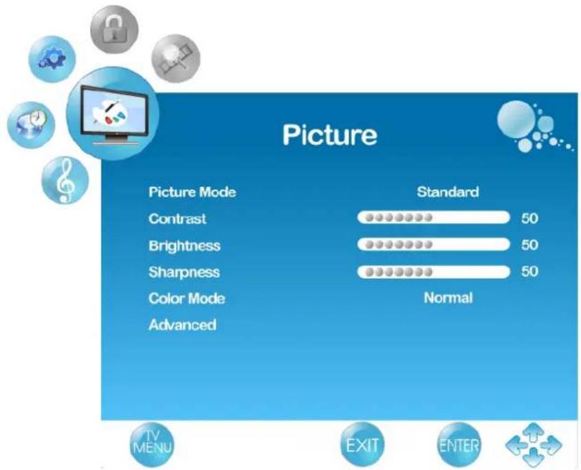 Picture Picture Mode Standard Contrast 50 Brightness 50 Sharpness 50 Color Mode Normal Advanced TV MENU EXIT ENTER