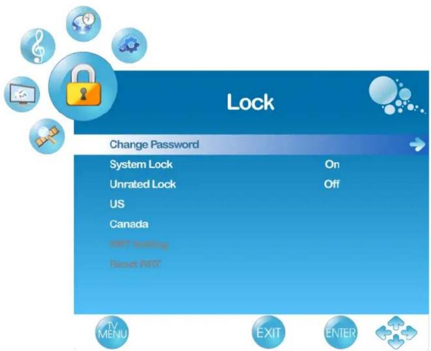 Lock Change Password System Lock On Unrated Lock Off US Canada NET Setting Reset NET TV MENU EXIT ENTER