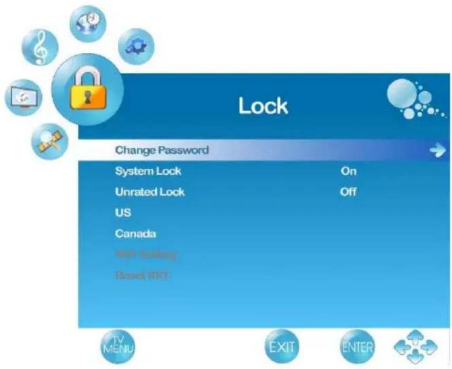 Lock Change Password System Lock On Unrated Lock Off US Canada with feeling Riseal IRT TV MENU EXIT ENTER