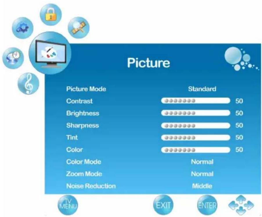 Picture Picture Mode Standard Contrast 50 Brightness 50 Sharpness 50 Tint 50 Color 50 Color Mode Normal Zoom Mode Normal Noise Reduction Middle TV MENU EXIT ENTER