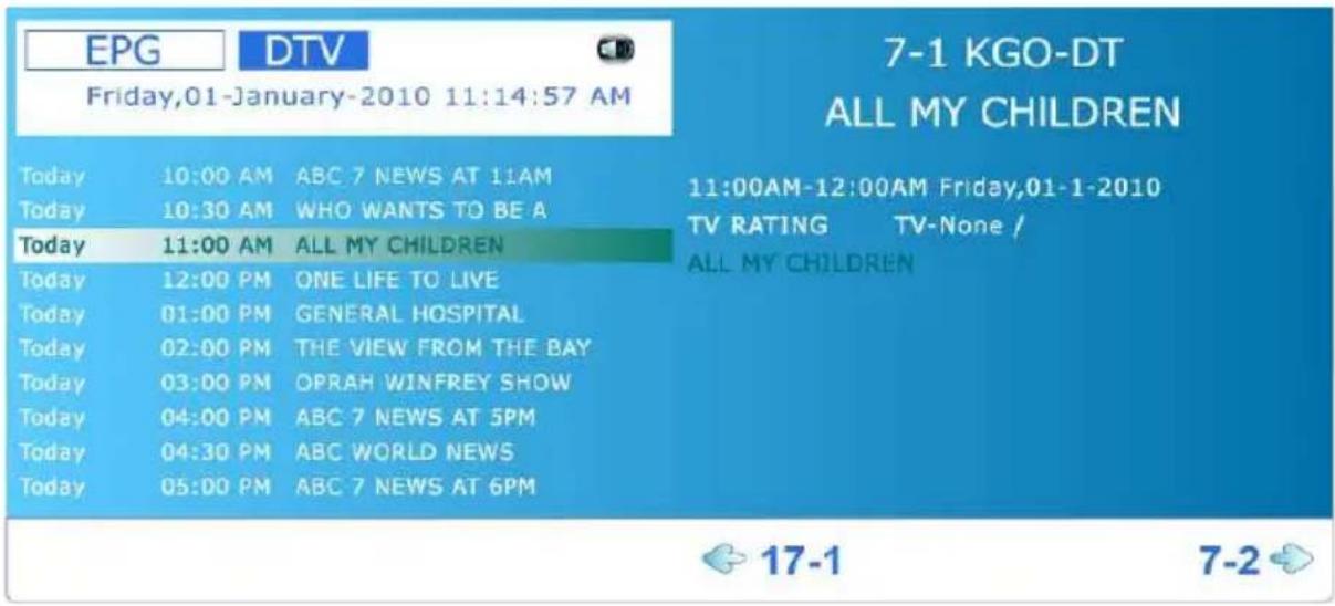 EPG DTV Friday,01-January-2010 11:14:57 AM Today 10:00 AM ABC 7 NEWS AT 11AM Today 10:30 AM WHO WANTS TO BE A Today 11:00 AM ALL MY CHILDREN Today 12:00 PM ONE LIFE TO LIVE Today 01:00 PM GENERAL HOSPITAL Today 02:00 PM THE VIEW FROM THE BAY Today 03:00 PM OPRAH WINFREY SHOW Today 04:00 PM ABC 7 NEWS AT 5PM Today 04:30 PM ABC WORLD NEWS Today 05:00 PM ABC 7 NEWS AT 6PM 7-1 KGO-DT ALL MY CHILDREN 11:00AM-12:00AM Friday,01-1-2010 TV RATING TV-None / ALL MY CHILDREN 17-1 7-2