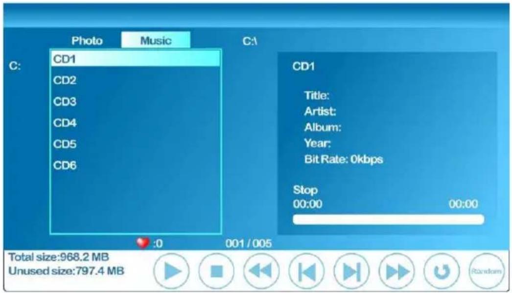 Photo Music C: CD1 CD2 CD3 CD4 CD5 CD6 C:1 CD1 Title: Artist: Album: Year: Bit Rate: 0kbps Stop 00:00 00:00 Total size:968.2 MB Unused size:797.4 MB
