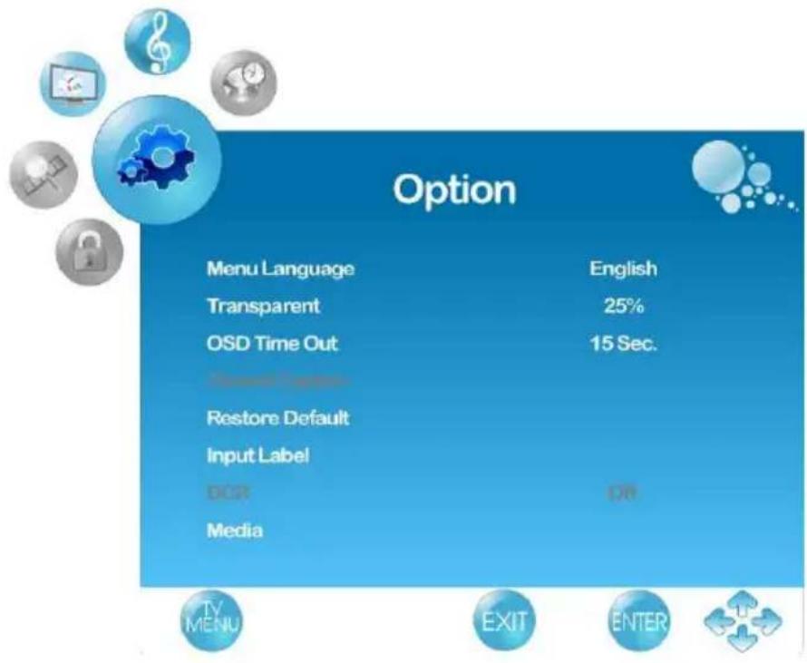 Option Menu Language English Transparent 25% OSD Time Out 15 Sec. Restore Default Input Label OK OR Media TV MENU EXIT ENTER