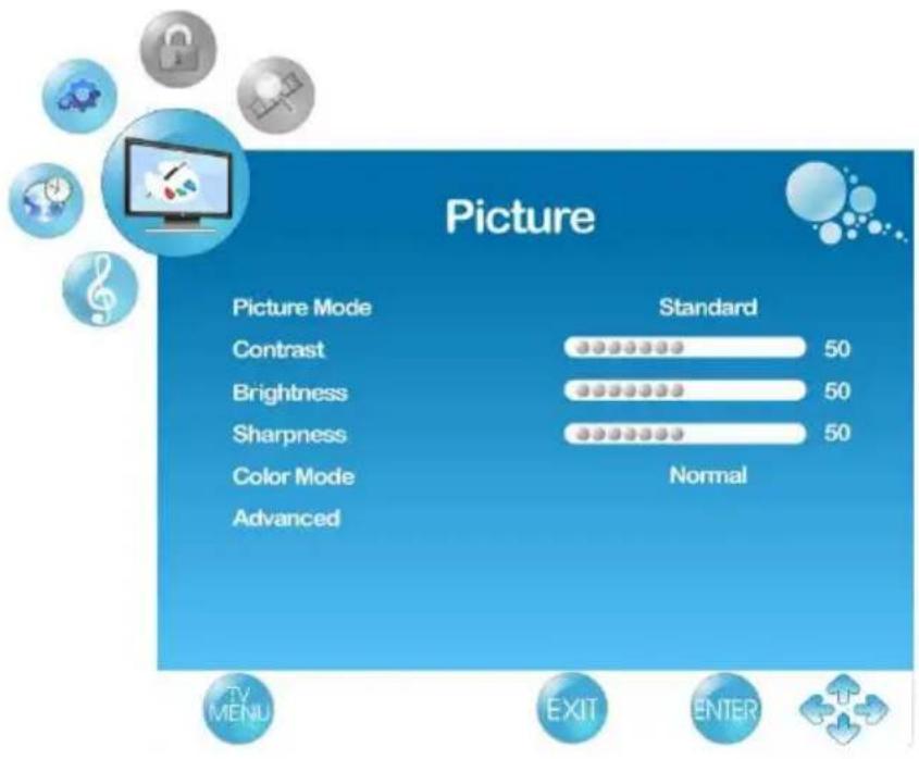 Picture Picture Mode Standard Contrast 50 Brightness 50 Sharpness 50 Color Mode Normal Advanced TV MENU EXIT ENTER